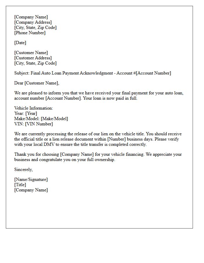 Final Auto Loan Payment Acknowledgment Letter