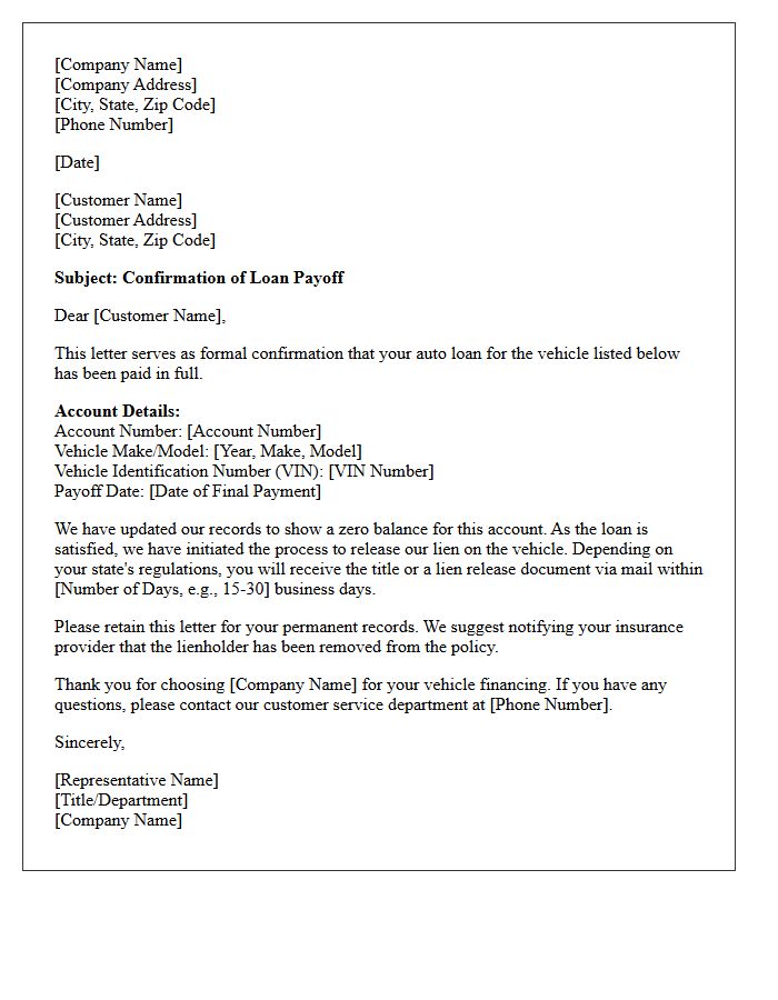 Standard Auto Loan Payoff Confirmation Letter