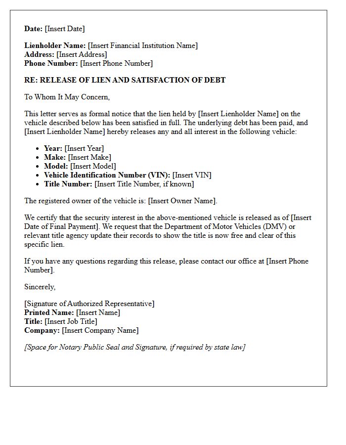 Vehicle Lien Release And Satisfaction Letter