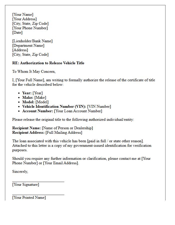 Vehicle Title Release Authorization Letter