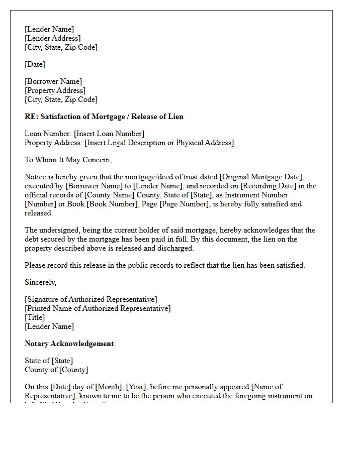 Mortgage Lien Release and Satisfaction Letter
