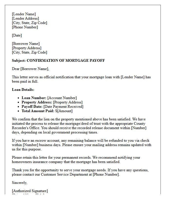 Mortgage Payoff Confirmation Letter