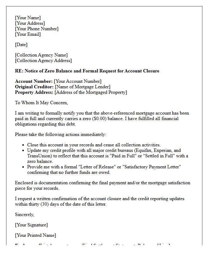 Zero Balance Mortgage Collection Closure Letter