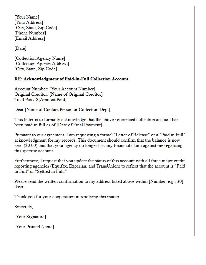 Collection Account Payoff Acknowledgment Letter