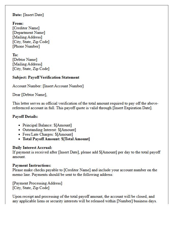Creditor Payoff Verification Statement Letter