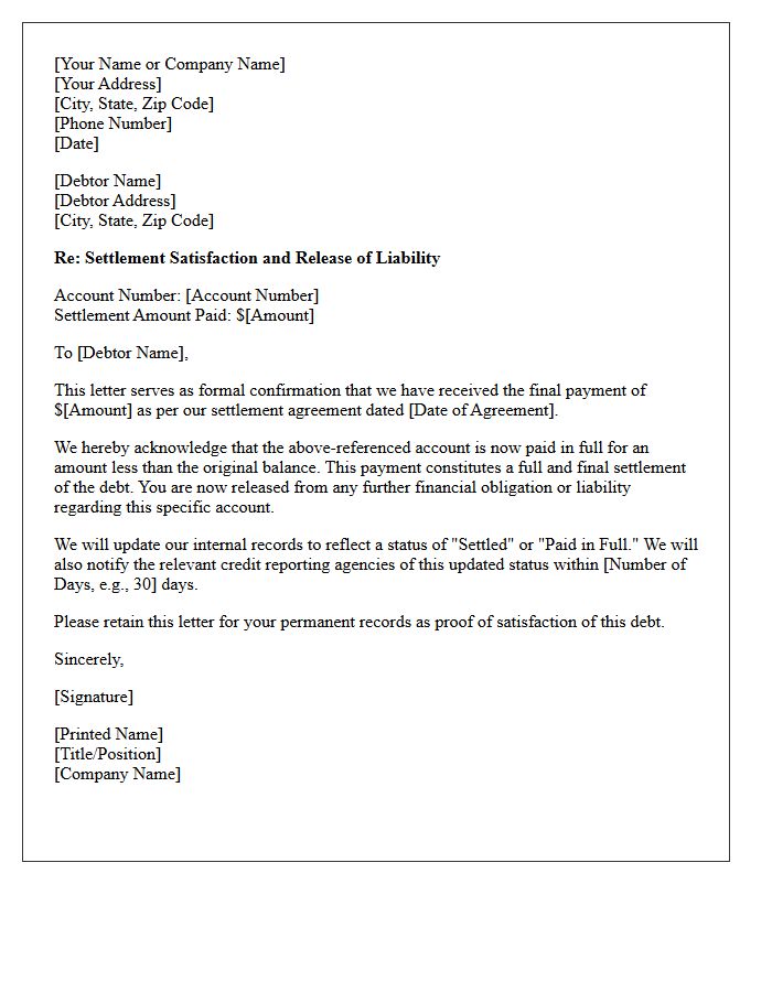 Debt Settlement Payoff Confirmation Letter