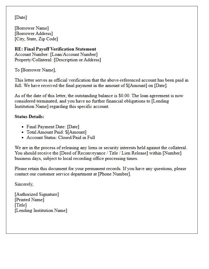 Final Payoff Verification Statement Letter