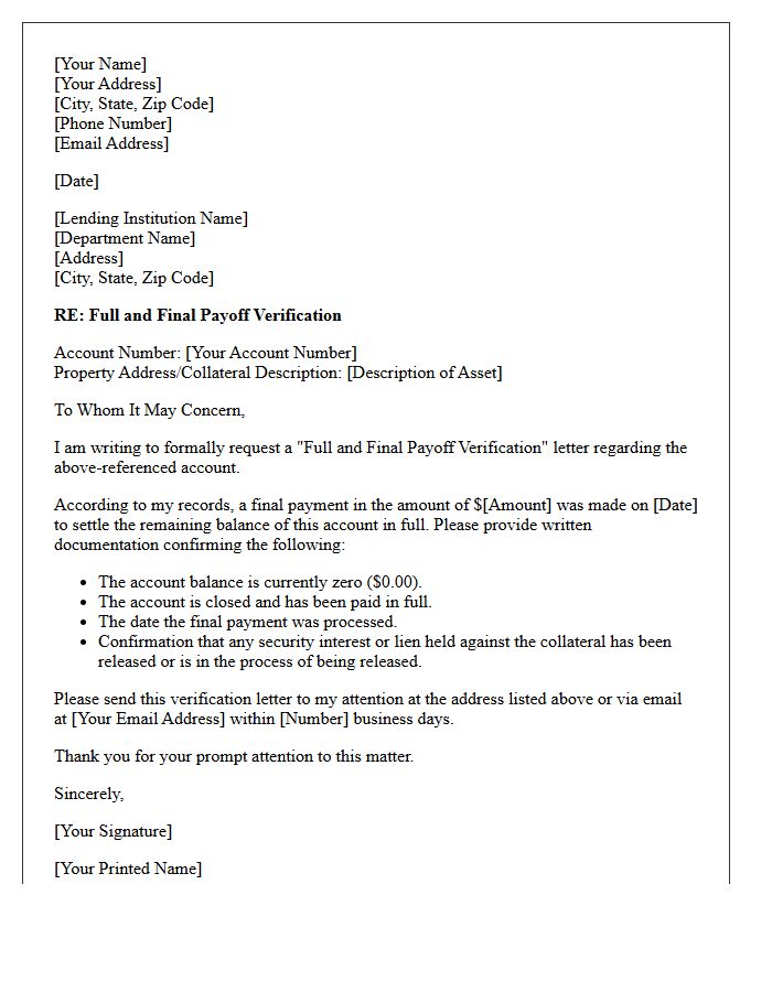 Full and Final Payoff Verification Letter