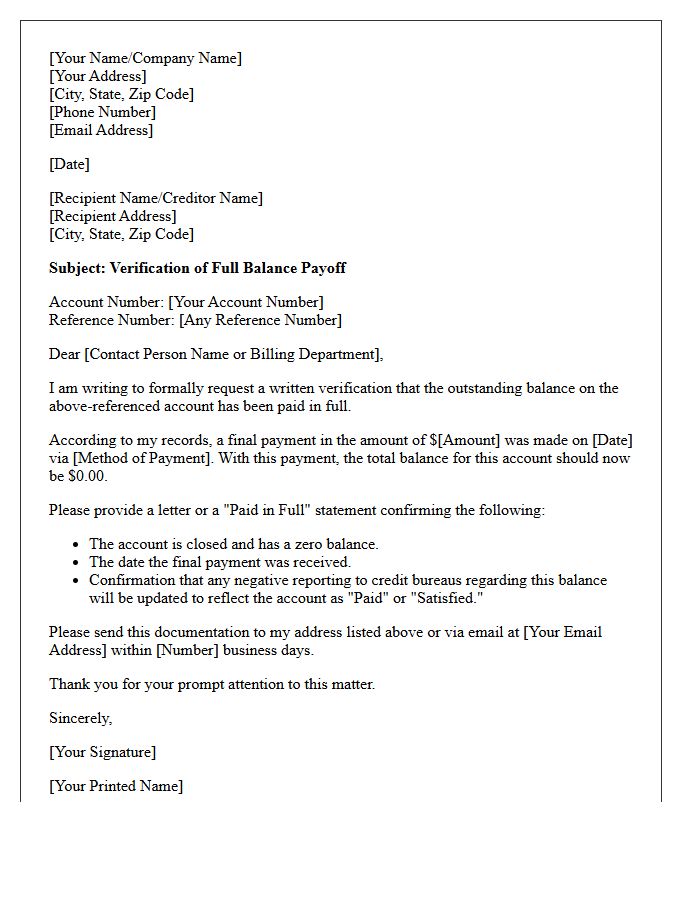 Outstanding Balance Payoff Verification Letter