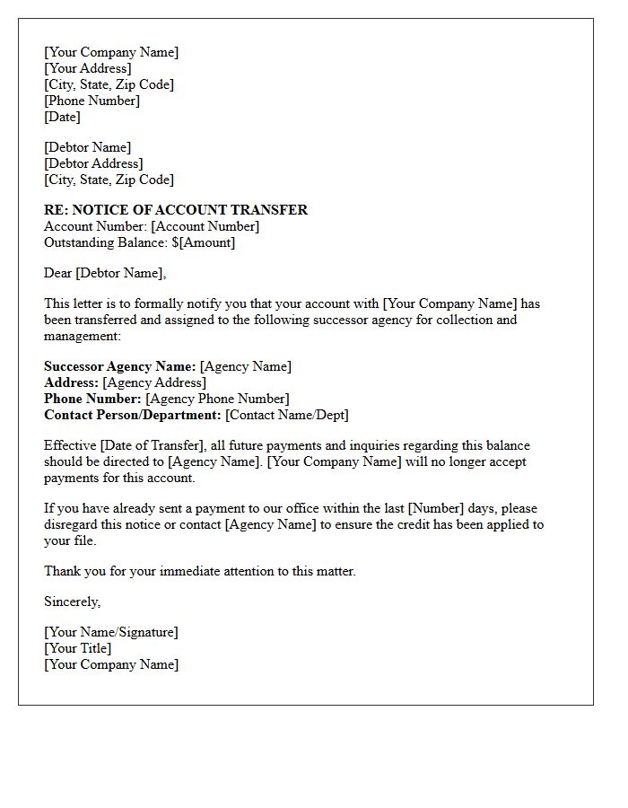 Debtor Account Transfer to Successor Agency Letter