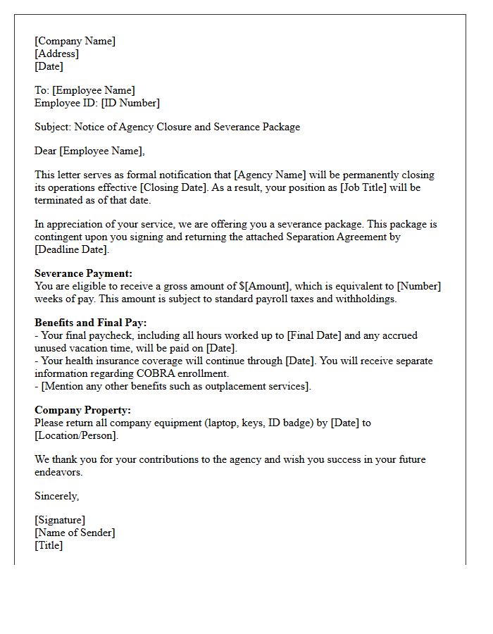 Employee Agency Closure Severance Letter