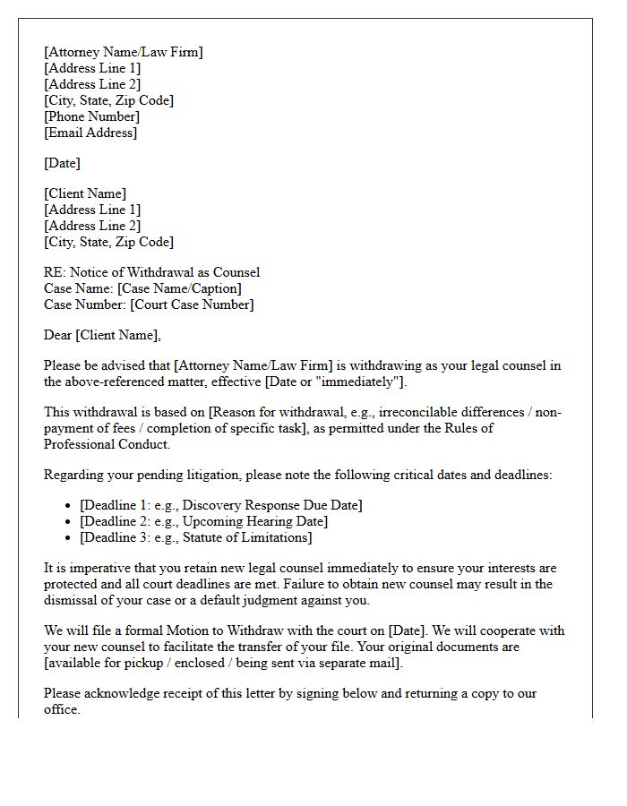 Legal Counsel Pending Litigation Withdrawal Letter