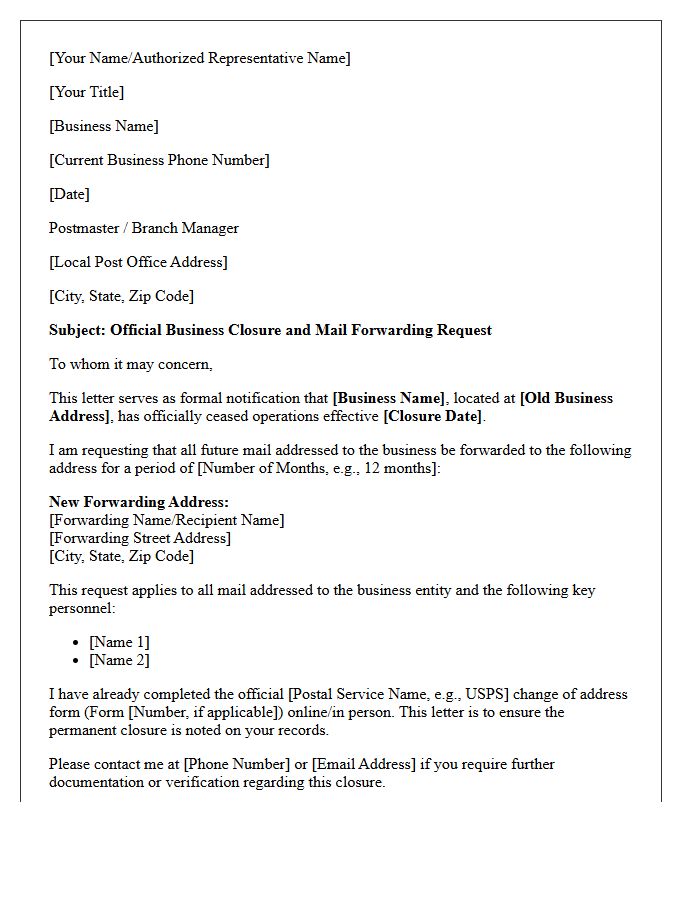 Official Business Closure Mail Forwarding Letter