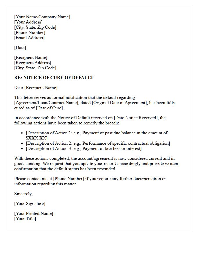 Cure of Default Status Official Letter