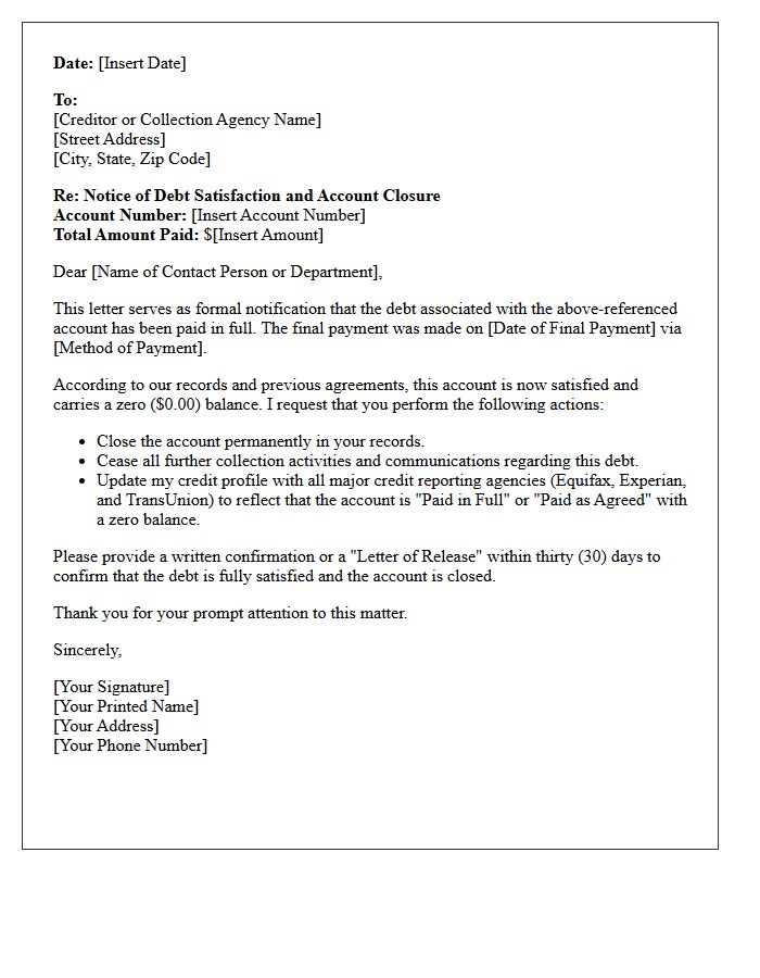 Debt Satisfaction and Closure Notice Letter