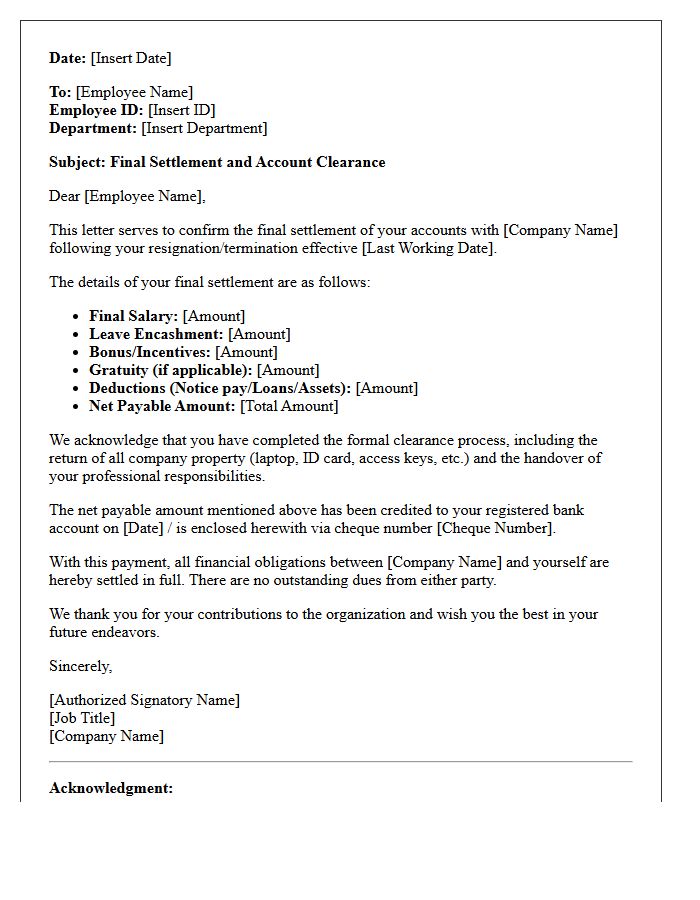 Final Settlement and Account Clearance Letter