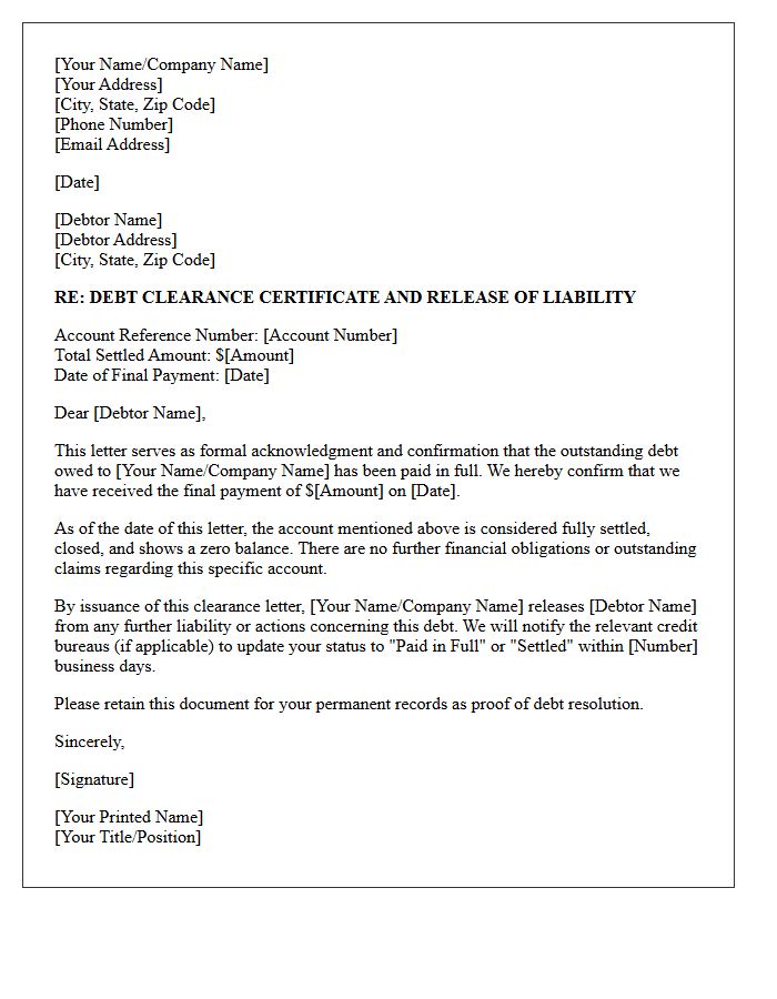 Outstanding Debt Resolution and Clearance Letter