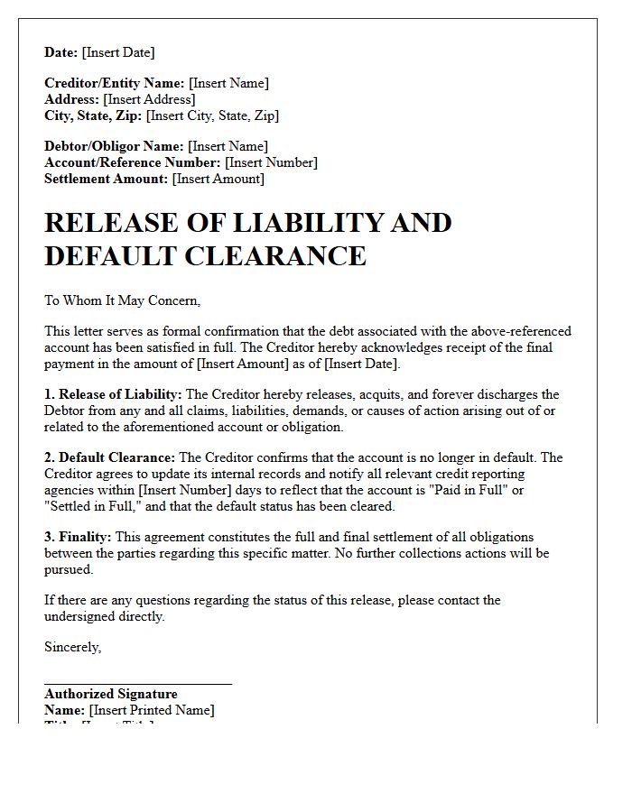 Release of Liability and Default Clearance Letter
