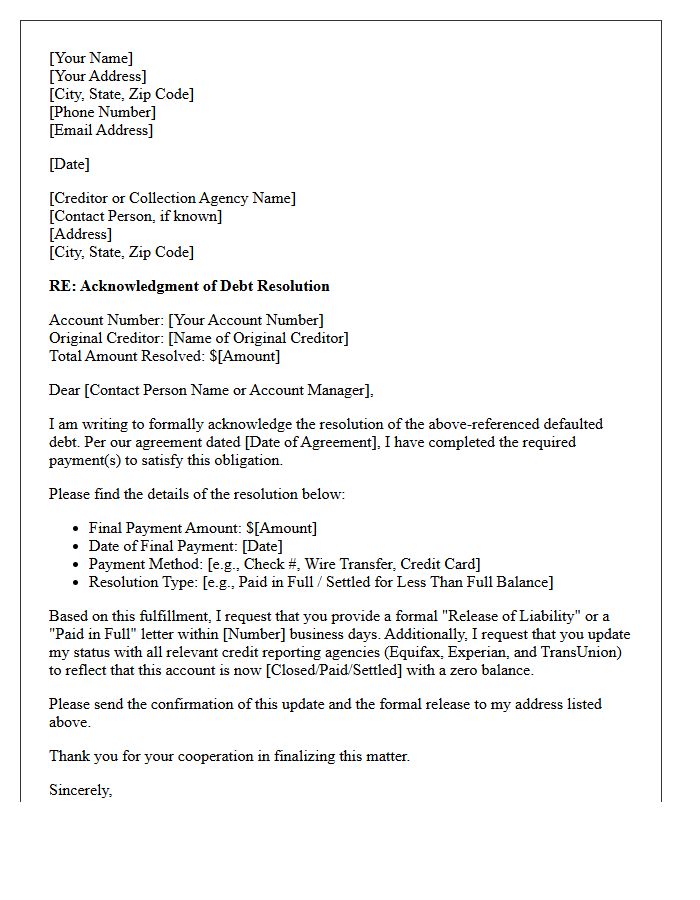 Resolution of Defaulted Debt Acknowledgment Letter