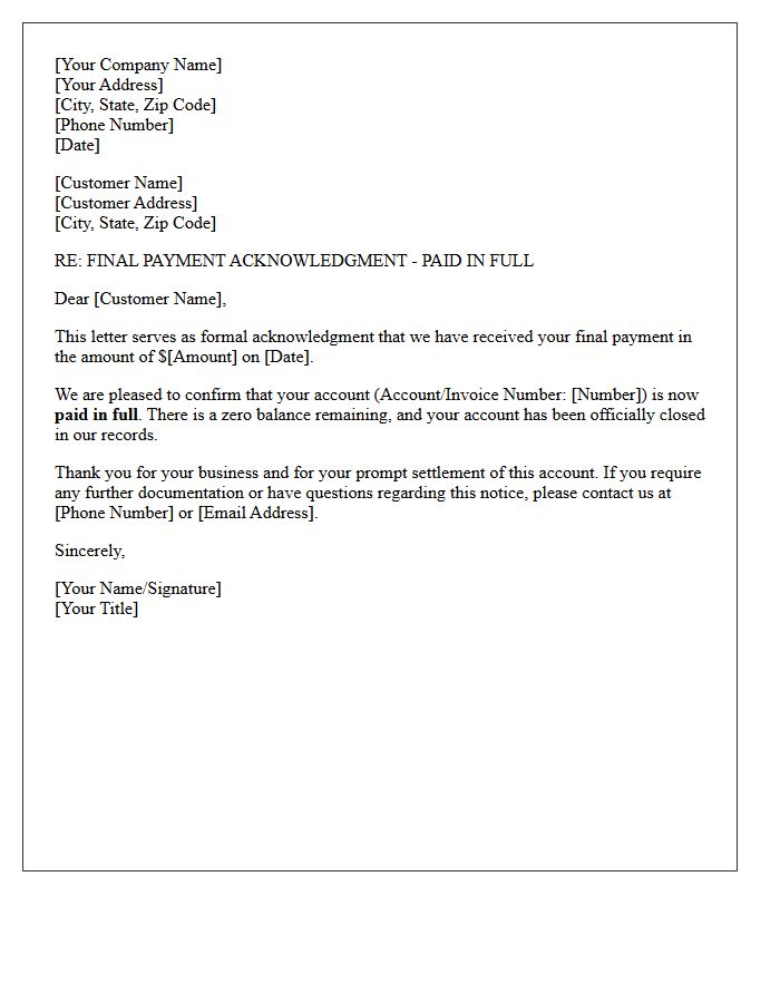 Final Payment Acknowledgment Paid in Full Letter