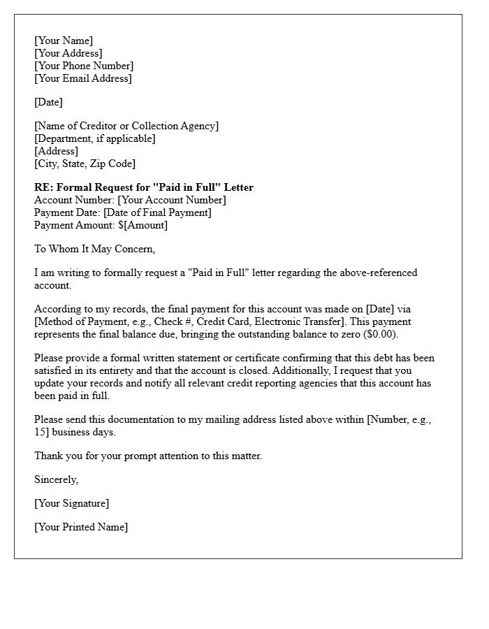 Post Payment Formal Request for Paid in Full Letter