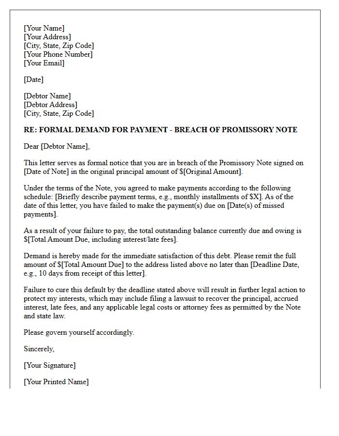 Breach of Promissory Note Demand for Satisfaction of Debt Letter