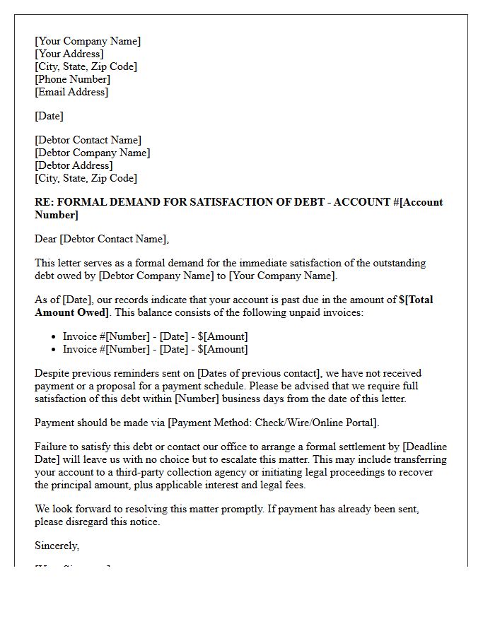 Commercial Account Demand for Satisfaction of Debt Letter