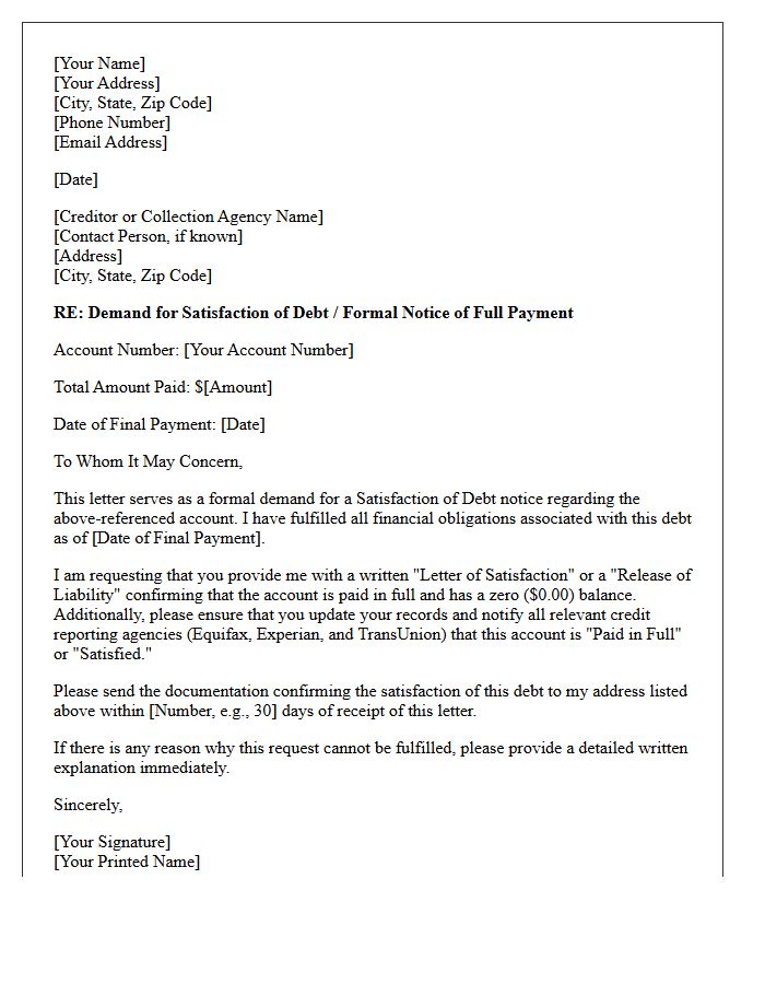 Consumer Account Demand for Satisfaction of Debt Letter