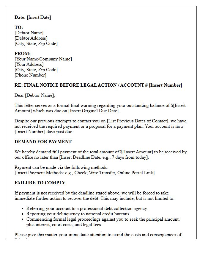 Final Warning Demand for Satisfaction of Debt Letter