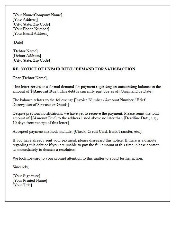 Initial Demand for Satisfaction of Debt Letter