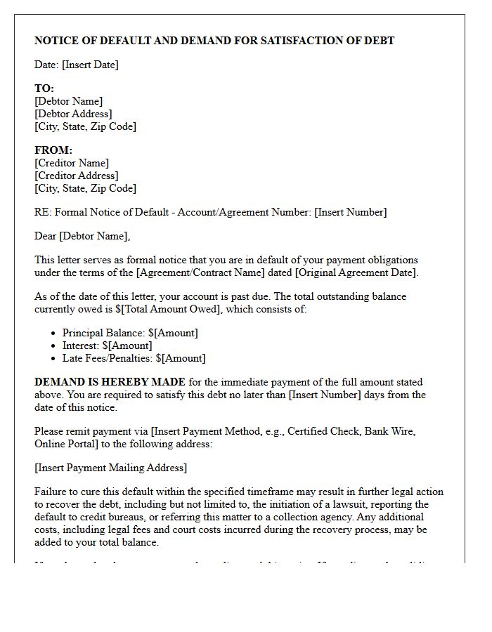 Notice of Default and Demand for Satisfaction of Debt Letter