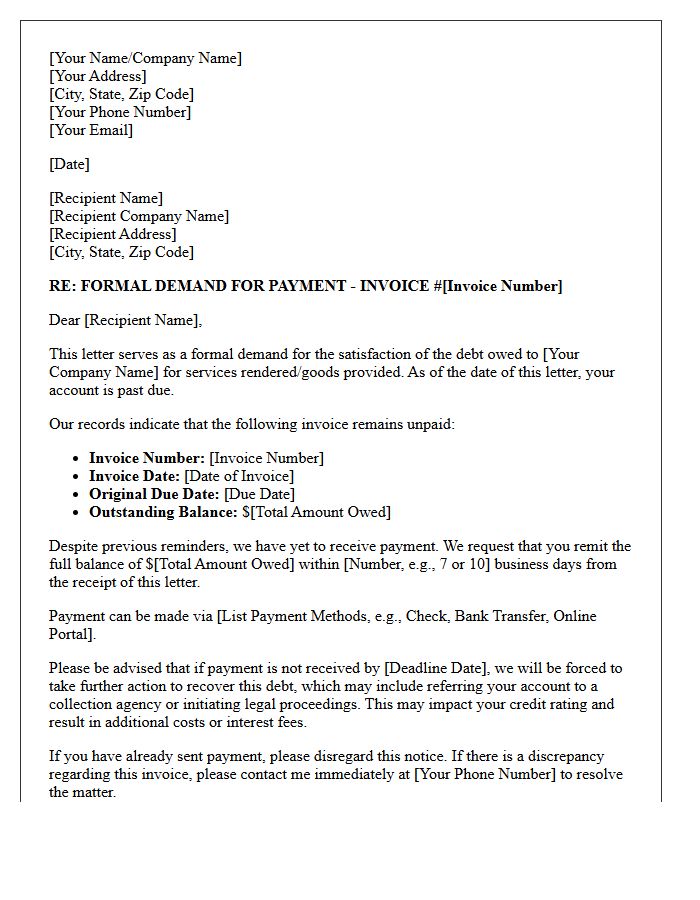 Past Due Invoice Demand for Satisfaction of Debt Letter