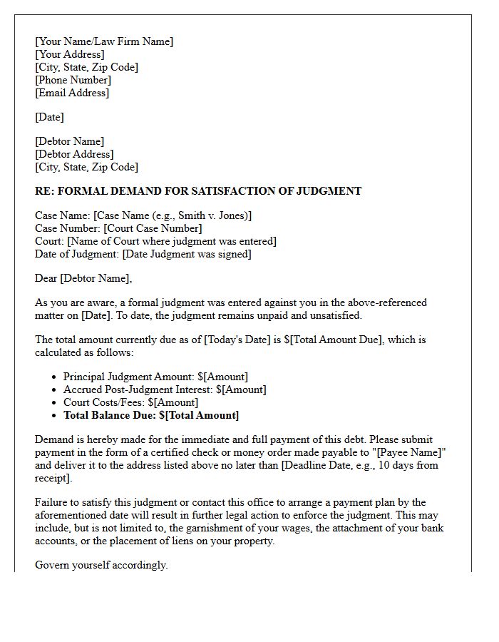 Post-Judgment Demand for Satisfaction of Debt Letter