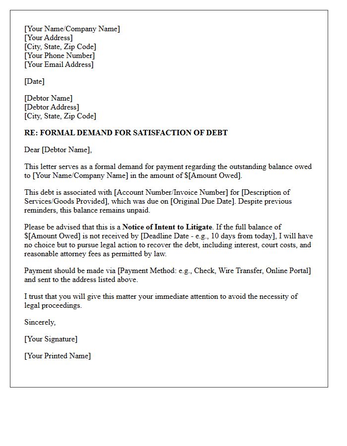 Pre-Litigation Demand for Satisfaction of Debt Letter