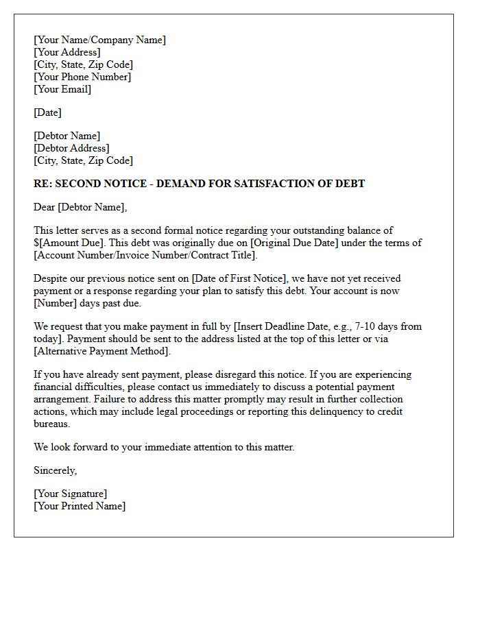 Second Notice Demand for Satisfaction of Debt Letter