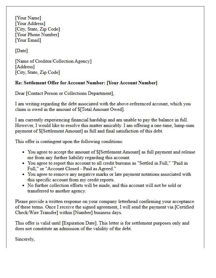 Settlement Offer Demand for Satisfaction of Debt Letter