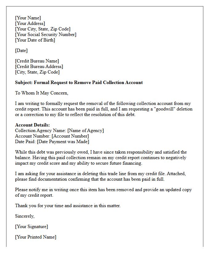 Credit Bureau Paid Collection Account Deletion Letter