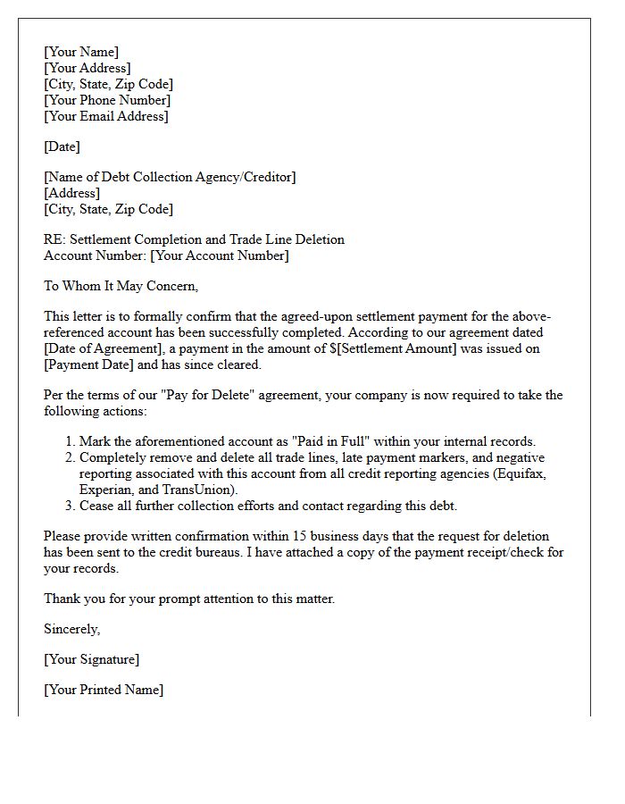 Debt Settlement Completion and Trade Line Deletion Letter