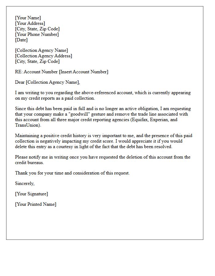 Paid Collection Agency Trade Line Deletion Request Letter
