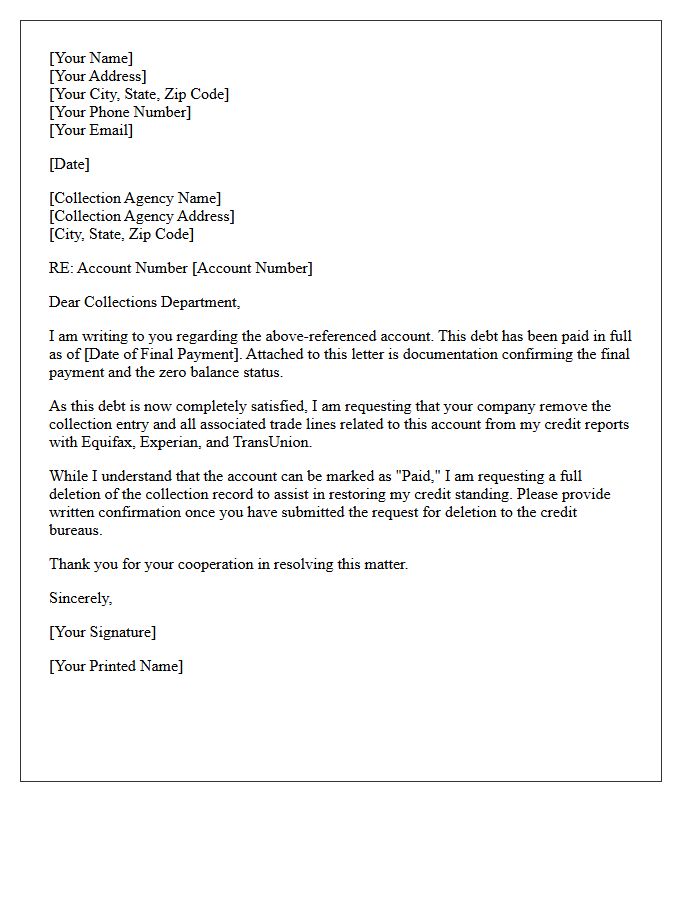 Paid in Full Debt Collection Deletion Request Letter