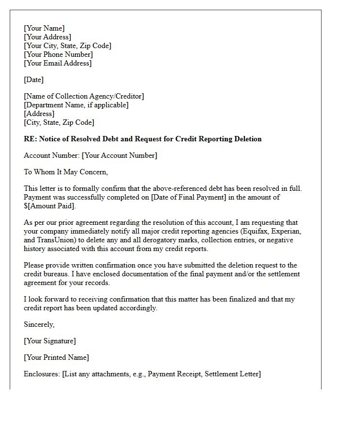 Resolved Debt Collection and Derogatory Mark Deletion Letter