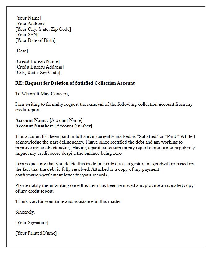 Satisfied Collection Account Credit Reporting Deletion Letter