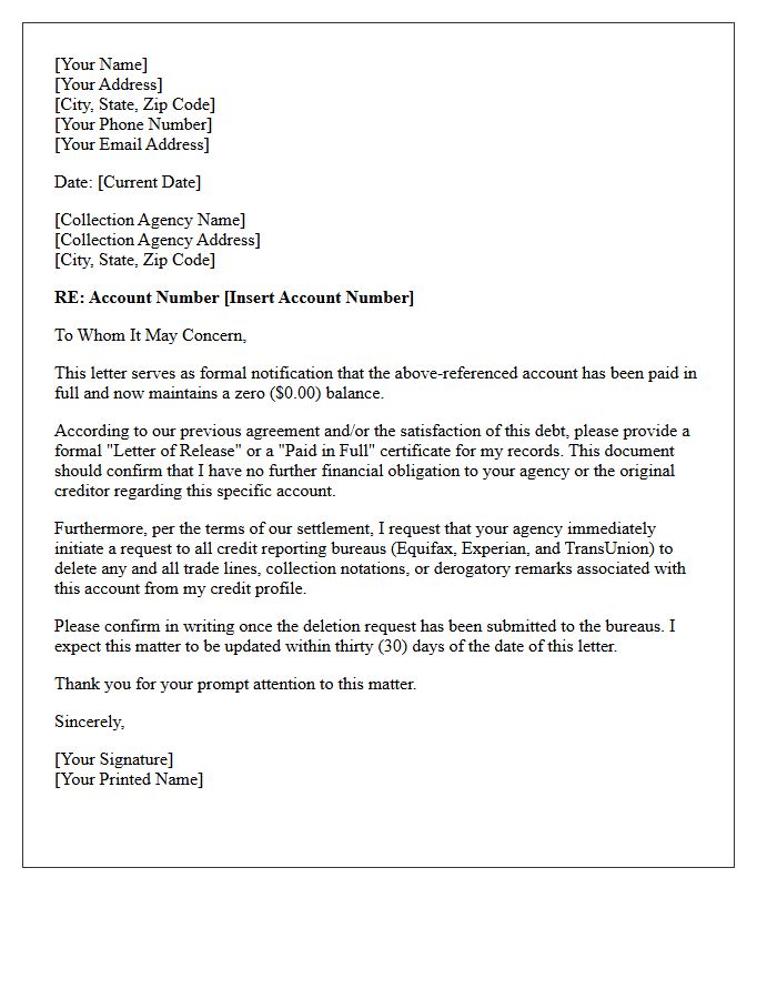 Zero Balance Collection Notice and Bureau Deletion Letter