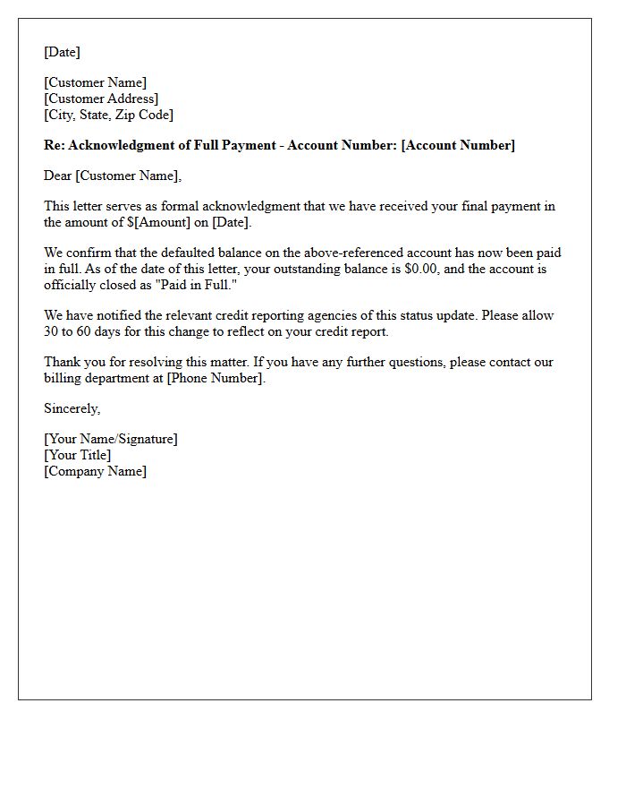 Defaulted Balance Paid Acknowledgment Letter