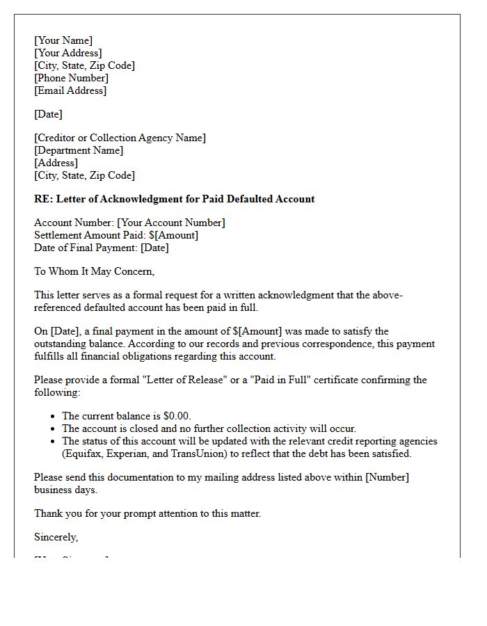 Letter of Acknowledgment for Paid Defaulted Account