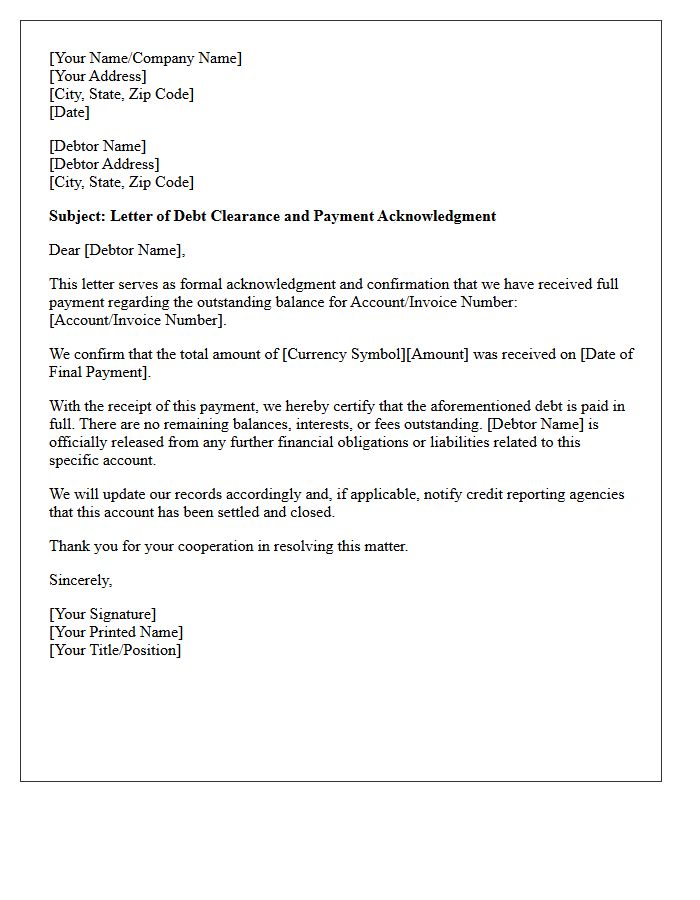 Letter of Debt Clearance and Payment Acknowledgment