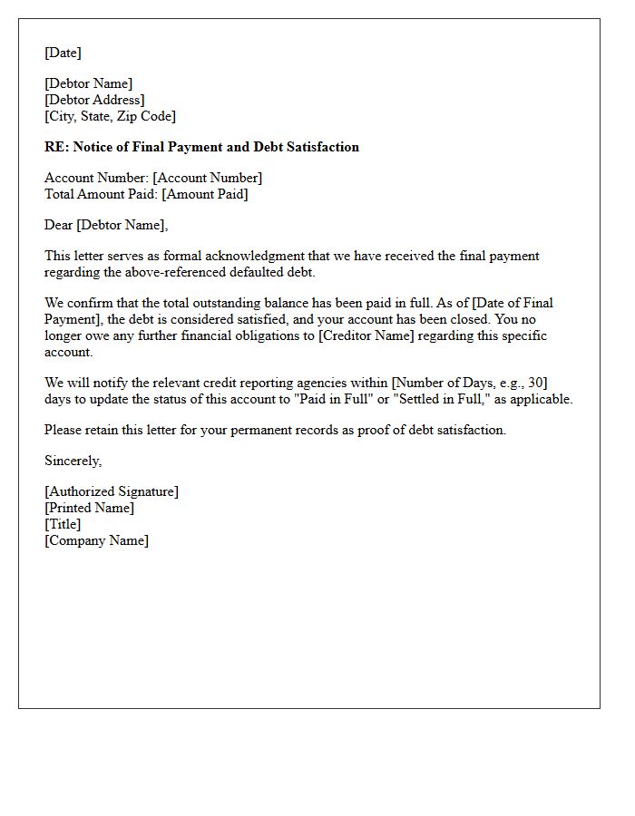 Letter of Final Payment Acknowledgment for Defaulted Debt
