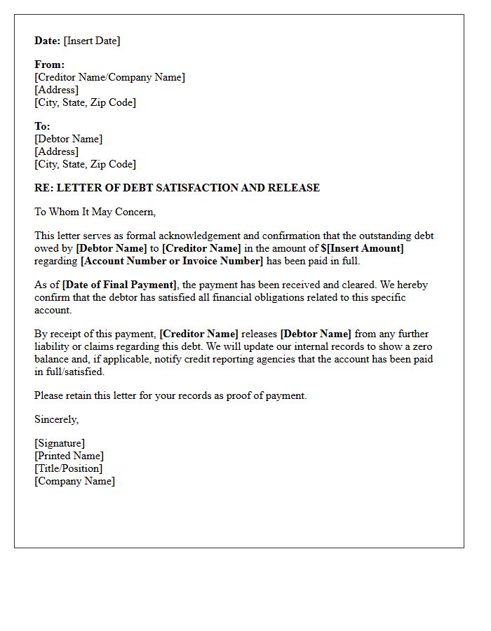 Letter of Outstanding Debt Satisfaction