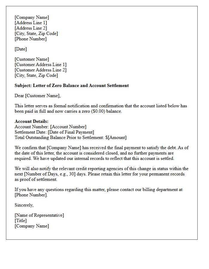 Letter of Zero Balance for Defaulted Account