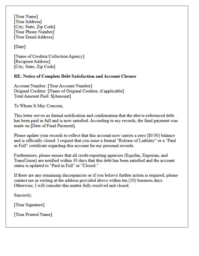 Complete Debt Satisfaction and Closure Letter